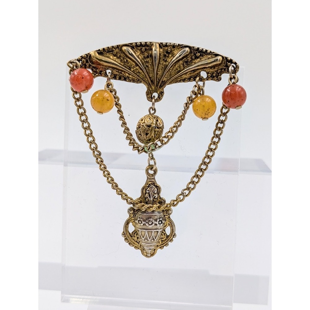 Vintage Gold Tone Brooch Filigree Dangling Beads Victorian Revival‎ Statement